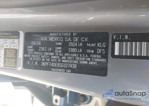 2025 Kia K4 Lxs z USA, uszkodzony, nr VIN 3KPFT4DE8SE027438